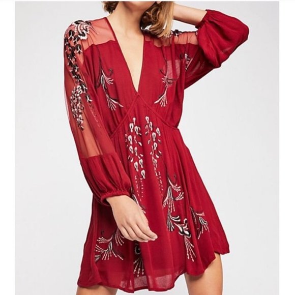 Free People Bonjour Embroidered Mini Dress